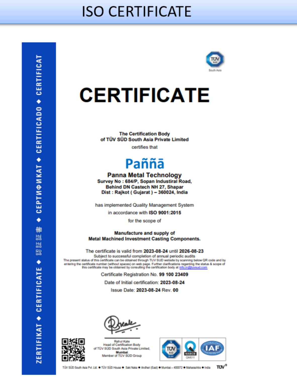Panna Metal Technology - ISO Certificate